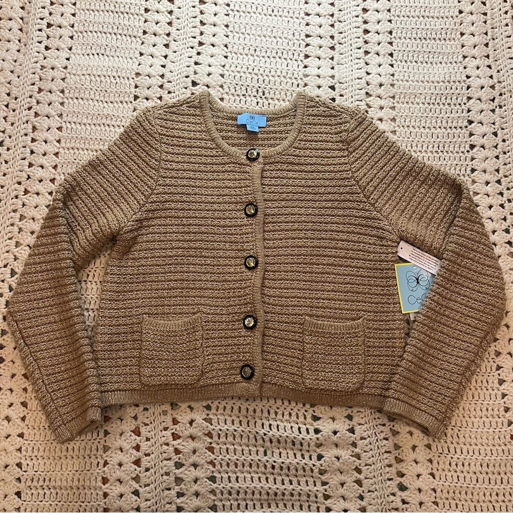 CeCe Tan/Gold Knit Sweater Cardigan w/ Black/Gold Buttons Detail Petite Medium
